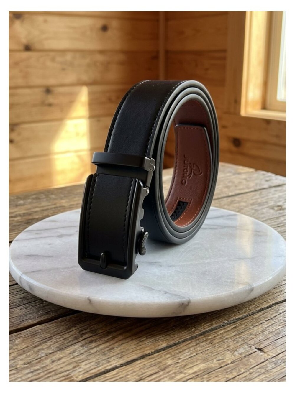 JUKMO Men's Leather Ratchet Belt 1.5" Wide No Holes Adjustable Golf Belt